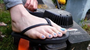 Barefoot Girl Lawn Mower Cranking - Start the Engine - German Feet