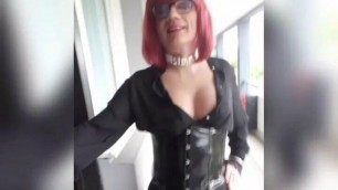 Sissy with big tits walks in summer