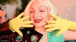 sexually blonde MILF - blogger Arya - teasing with yellow latex household gloves (FETISH)