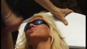 Hot blonde keeps her sunglasses on while giving head then fucks